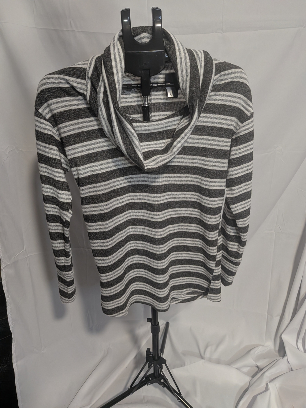 Striped Gray & White Cowl Neck Sweater - Women's Cozy Knit